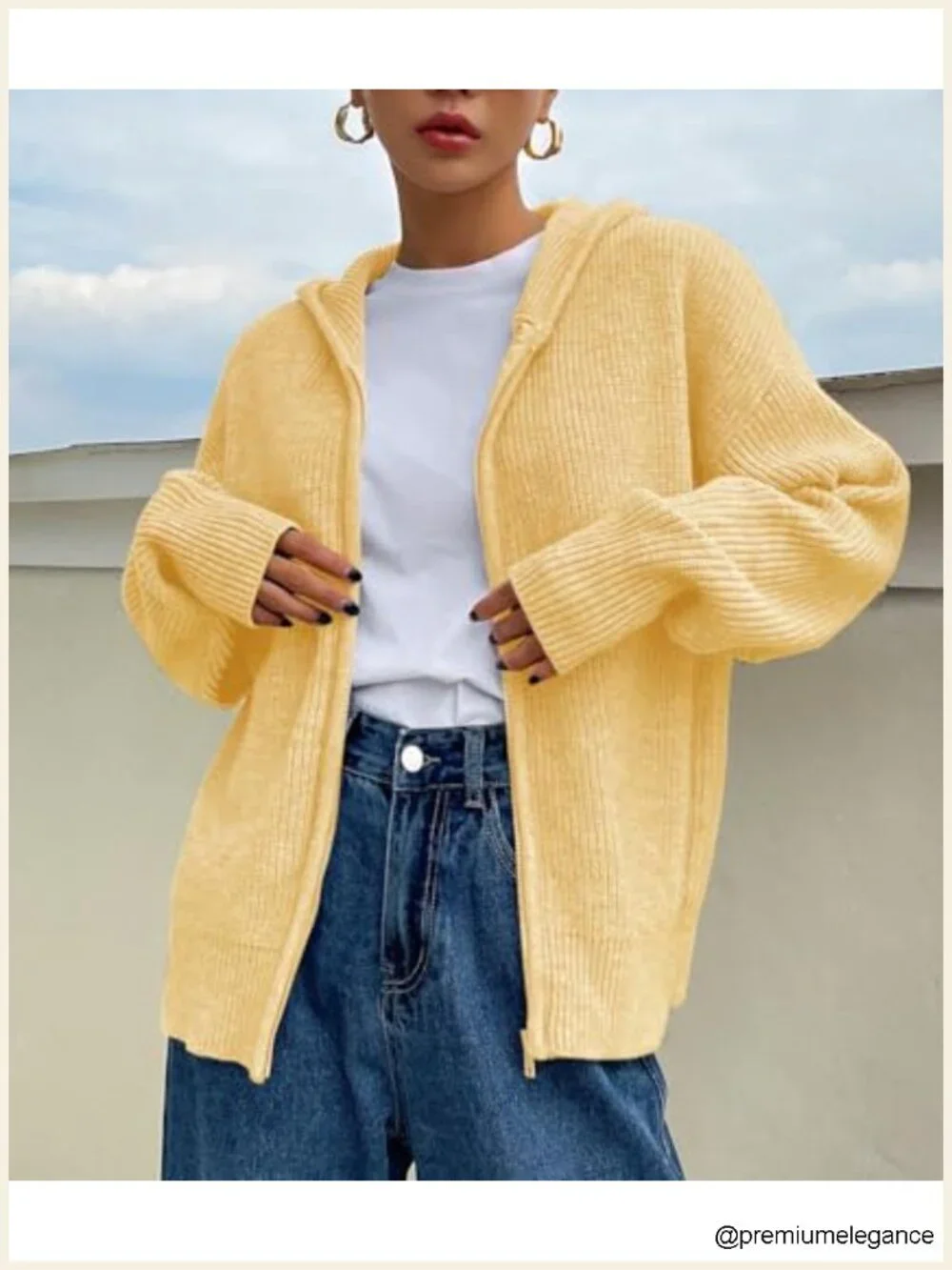 Zip Up Hooded Cardigan Sweater Knit Drop Shoulder Long Sleeve Fall Winter